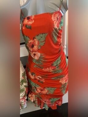Floral Ruched Red Mini Dress with Spaghetti Straps